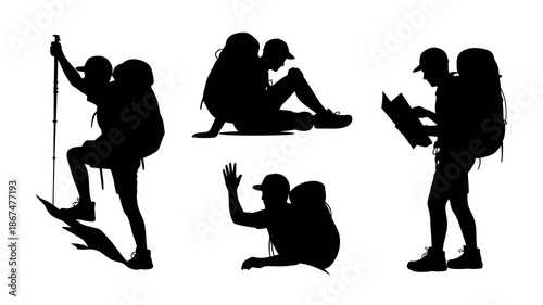 a striking black silhouette illustration depicts diverse individuals engaged in outdoor activities like hiking climbing and resting showcasing a sense of adventure high quality professional detailed