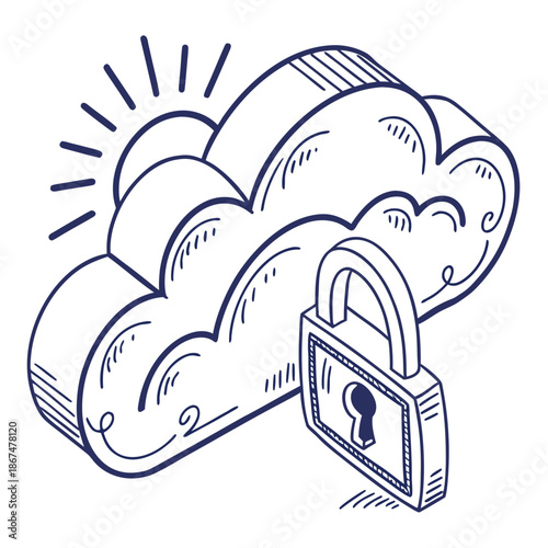 Secure Cloud Storage Outline Icon - Data Security Vector Illustration