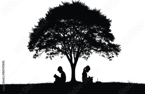Silhouette of two children sitting under a large tree reading and writing in nature on a white background vector illustration