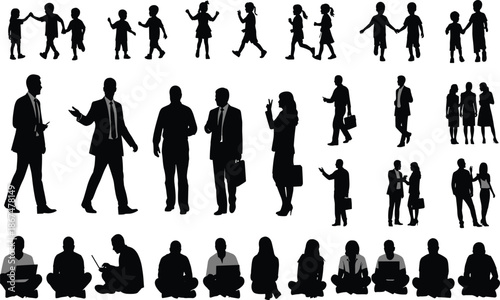 Silhouette Set of People Including Business Professionals Walking and Children Playing Together and Diverse Groups of Sitting Men and Women (21 words)