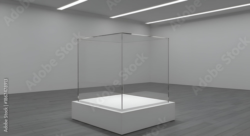 Empty glass display case in modern gallery setting. Modern, clear display case situated on a white pedestal base in a minimalist exhibition space.