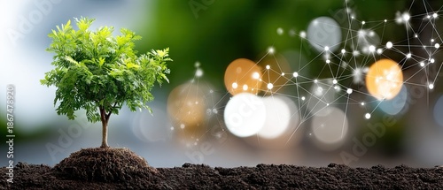 Small tree grows on soil with network connections in background showing global business and technology concepts