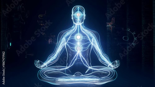 Futuristic holographic representation of a meditating human figure with glowing energy pathways. Visualization of energy flow and chakra alignment for wellness and meditation practices