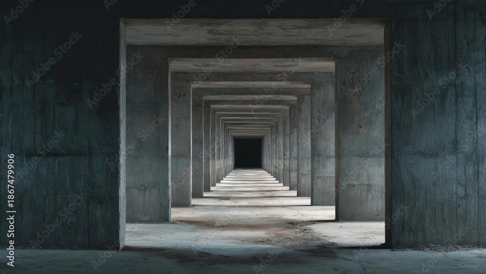 Fototapeta premium A long concrete hallway with evenly spaced rectangular frames forming a tunnel that recedes into darkness. Concept Concrete hallway architecture, Receding tunnel with geometric frames