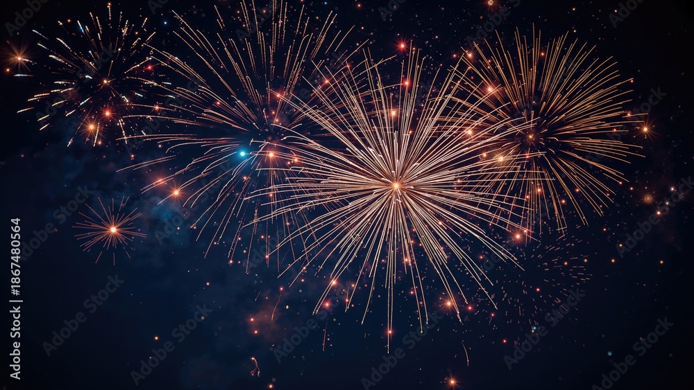 Fototapeta premium Fireworks display with bright bursts in the night sky. Celebration and festivity, event. Light effects and explosions. The concept of celebration and fireworks.