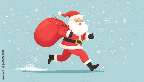 Santa Claus Running Joyfully Through Snowy Scene with Gift Sack and Snowflakes for Christmas Cheer