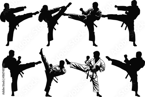 Martial Arts Silhouettes – Seven High Kick Poses with Gi Detail