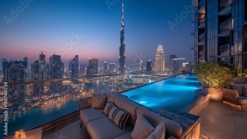 Wallpaper Mural Luxury rooftop terrace overlooking a cityscape at dusk with pool and seating Torontodigital.ca