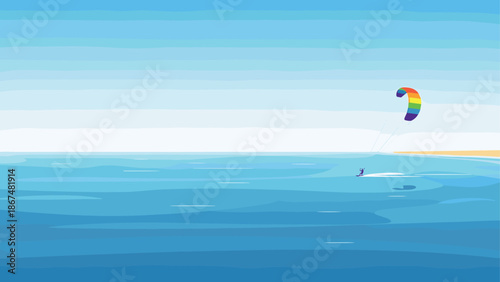 Colorful kite surfer gliding on ocean waves under bright blue sky