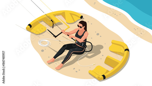 Woman preparing for kiteboarding on a sunny beach in isometric style