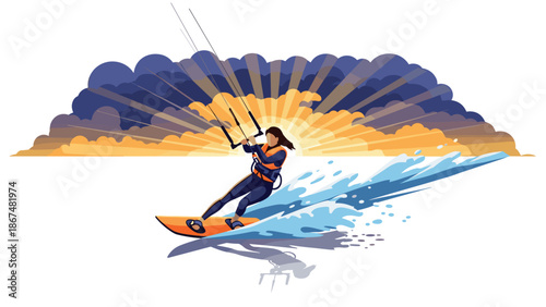 Daring kite surfer riding waves against vibrant sunset sky