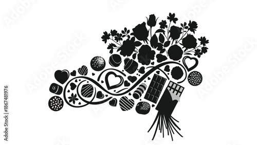 Black and white illustration of a bouquet with hearts flowers and various shapes on white background for valentine's day or love themed designs