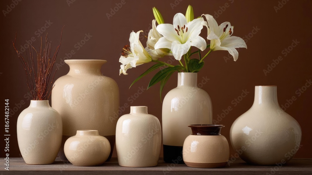 Fototapeta premium Still-life of ivory ceramic vases in various shapes arranged on a wooden table, with white lilies in one vase. Concept Ivory ceramic vases, wooden table still life, vase arrangement, white lilies
