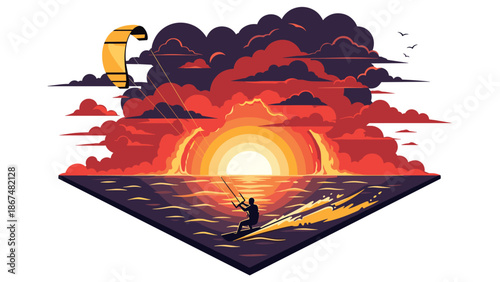 Dramatic sunset with kite surfer and vibrant clouds over ocean horizon