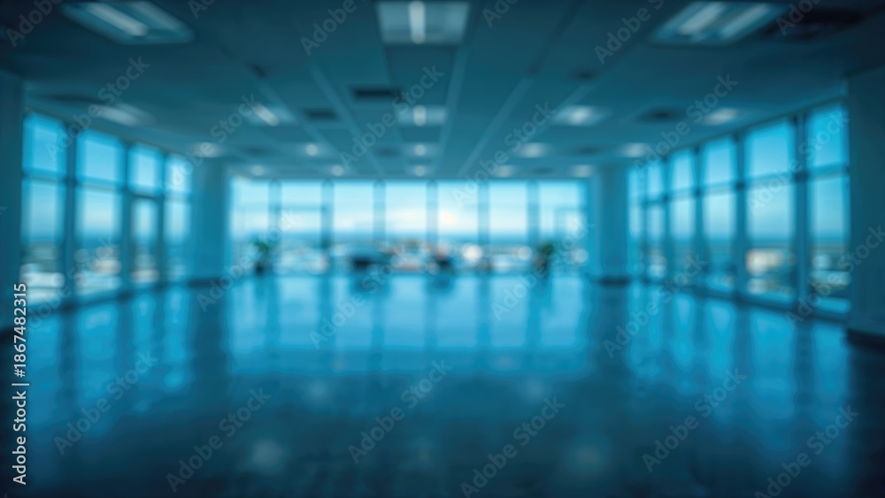 Obraz premium Indoor space with large windows and natural light, modern interior design, likely an office or conference room.
