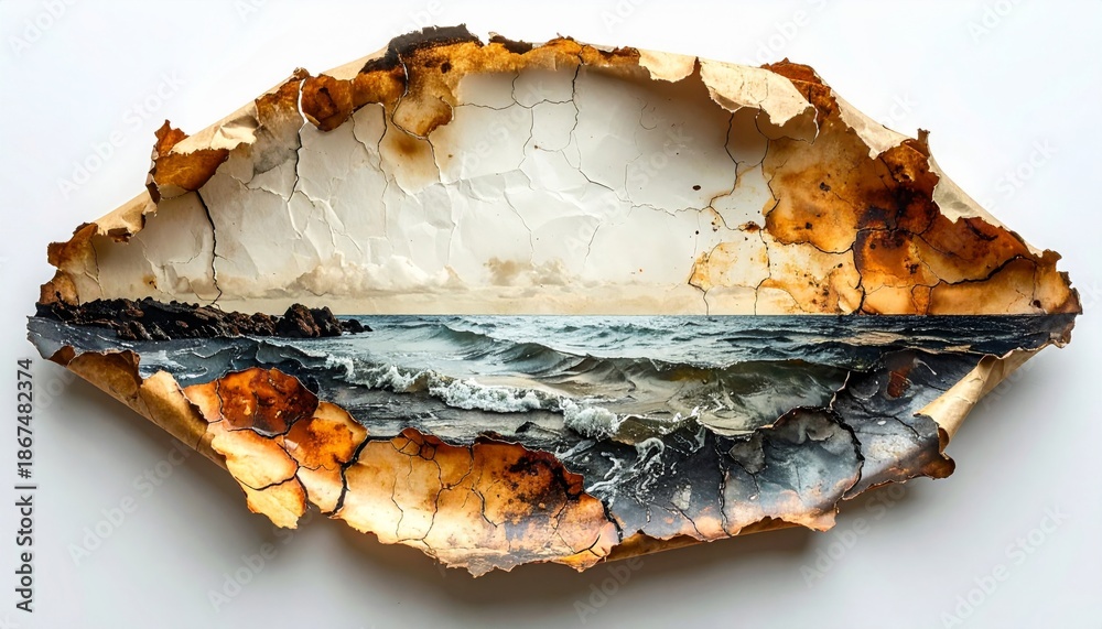 Obraz premium Ocean Wave in Ornate Burnt Paper Frame on White Background Still Life