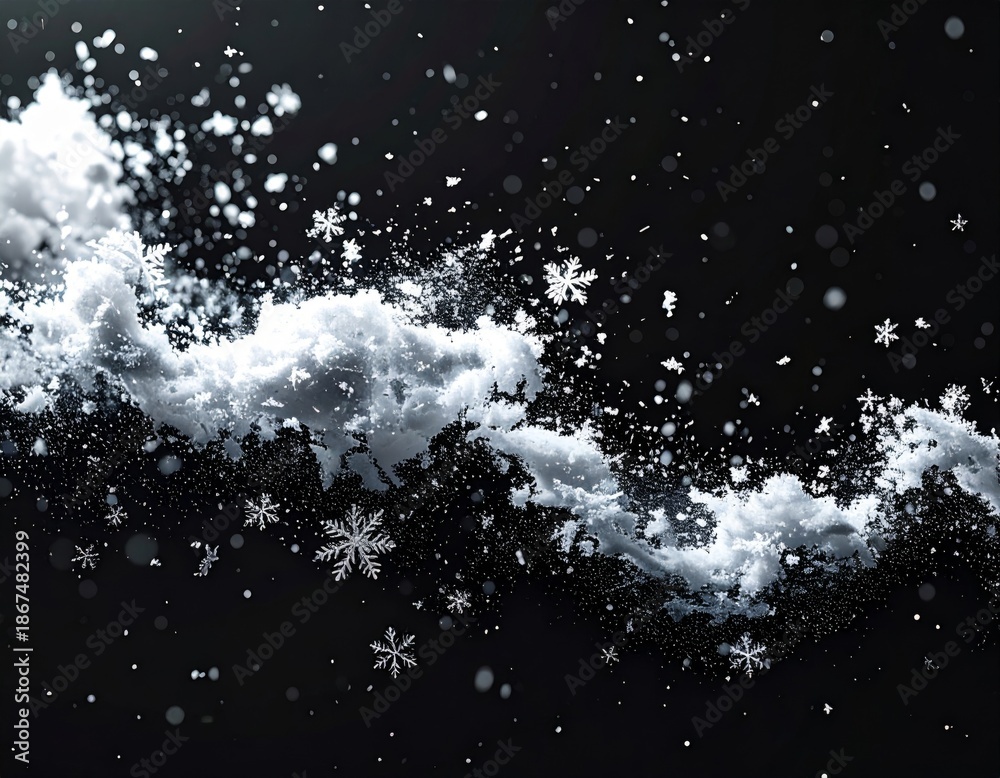 Fototapeta premium Swirling White Snowflakes and Cloud on Dark Black Background