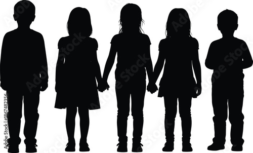 Black silhouette of children standing in a row holding hands and reading books isolated on white background for education design