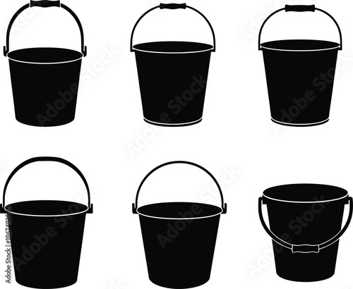 Six black buckets with handles on a white background