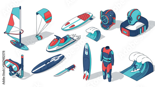 Isometric water sports equipment collection with vibrant colors