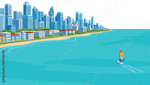 Coastal cityscape with windsurfer on a vibrant blue ocean
