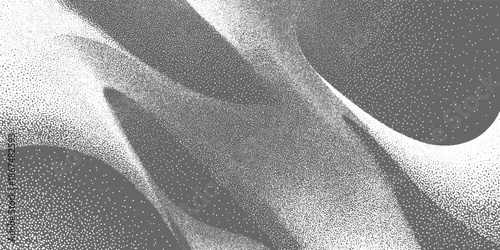 Abstract grayscale stippled gradient shapes with smooth curves and textured areas background