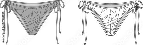 Women bikini bottom technical flat sketch showing front views with adjustable side ties swimwear design for fashion production and apparel specification