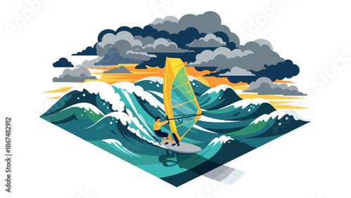 Surfer in dynamic ocean waves under dramatic clouds at sunset