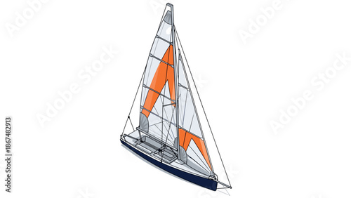 Modern sailboat with orange and blue accents on a transparent background