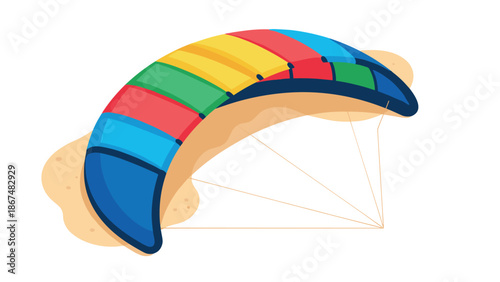 Colorful paraglider kite on sandy background in flat design