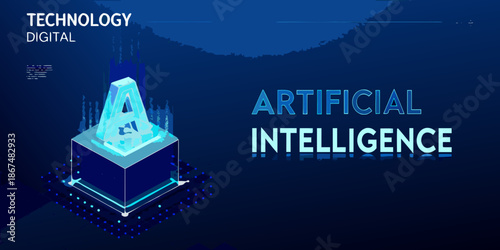 Isometric illustration showcasing artificial intelligence technology with a glowing a symbol