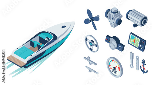 Isometric yacht design with nautical equipment and engine components