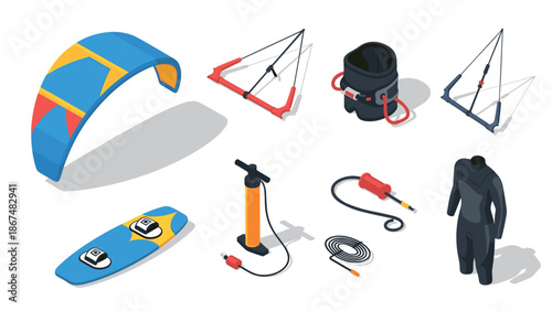 Essential isometric kite surfing equipment collection for enthusiasts