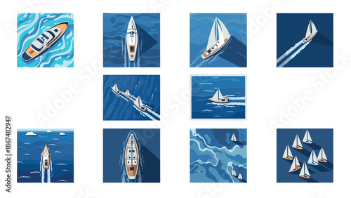 Stylish nautical collection: boats and yachts on ocean waves in flat art style