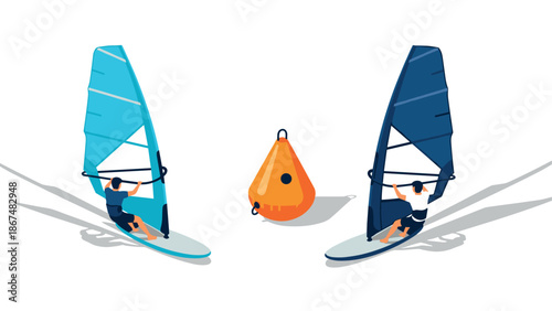 Two sailors in isometric windsurfing with buoy on bright sea adventure