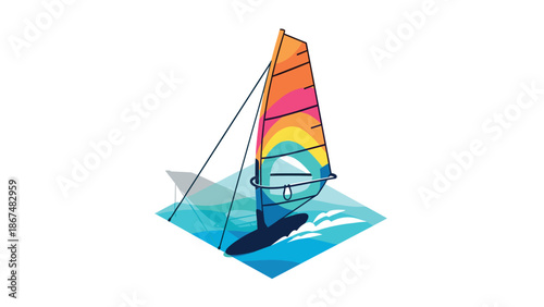 Vibrant sailing boat with rainbow sail on blue ocean waves