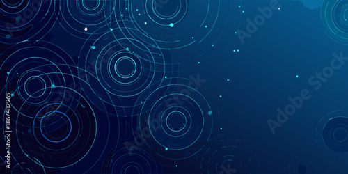 Abstract blue background with concentric circles and scattered sparkling dots
