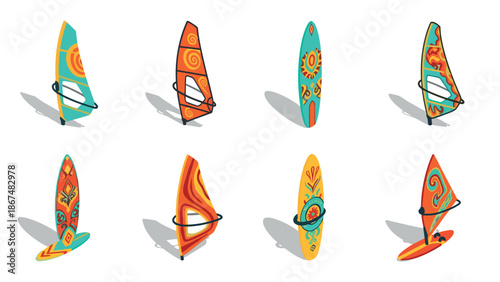 Colorful windsurf boards with artistic patterns on a white background