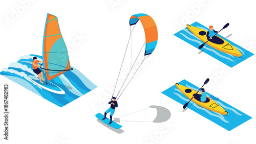 Water sports adventure scene with windsurfing, kitesurfing, and kayaking in isometric style