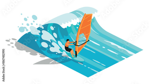 Dynamic windsurfing adventure with big waves in vibrant isometric style