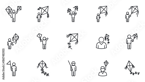Line style icons of people enjoying kites