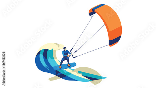 Dynamic kite surfing adventure with bright orange parachute and blue waves in minimalist style