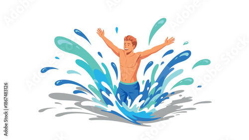 Joyful man splashing in water in vibrant cartoon style