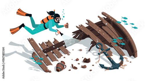 Scuba diver exploring underwater shipwreck with flashlight and marine life