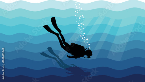 Silhouette of scuba diver exploring underwater depths with luminous waves