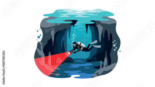 Deep sea exploration: diver navigates underwater cave with flashlight