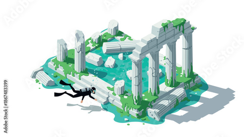 Diver explores sunken ancient ruins with overgrown columns and pool in isometric art