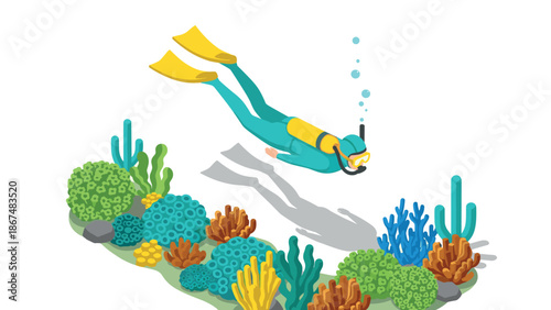 Isometric scuba diver exploring vibrant coral reef underwater adventure