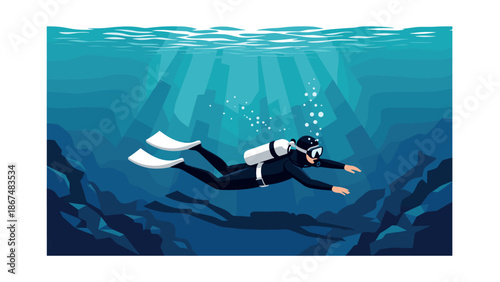 Scuba diver exploring underwater world in vibrant ocean scene