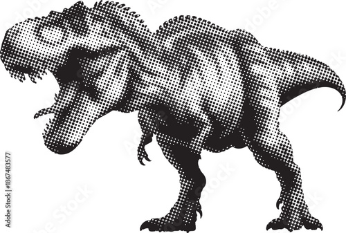 Ferocious Tyrannosaurus Rex Halftone Dot Illustration with Retro Comic Style Dinosaur Design on White Background